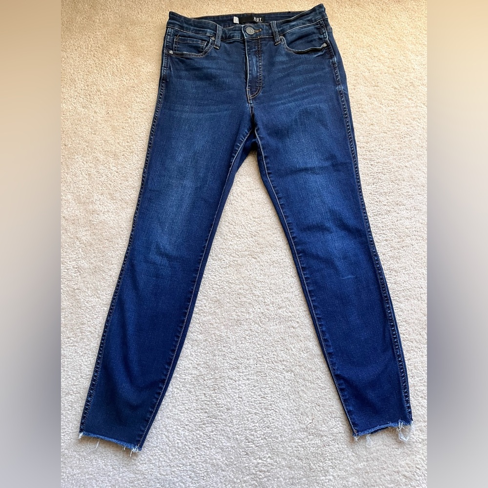 KUT High Rise Skinny Ankle Jeans with Raw Hem in Dark Blue Wash, Size 6